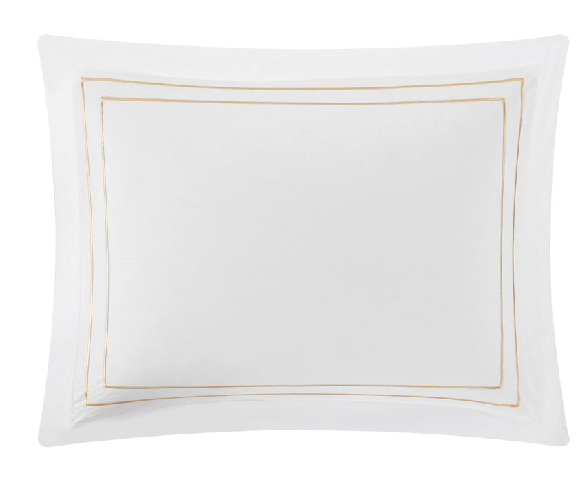 Chic Home Santorini Cotton Comforter Set Solid White With Dual Stripe Embroidered Border Hotel Collection Bedding - Includes Decorative Pillow Shams - 4 Piece - Queen 92x96, Gold - Queen