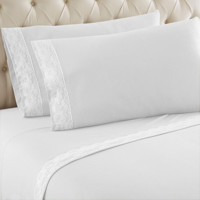 Shavel Micro Flannel Quality Lace-Edged Sheet Set - Full Flat/Fitted Sheet 86x100/75x54x16" 2-Pillowcase 21x32" - White. - Full,White
