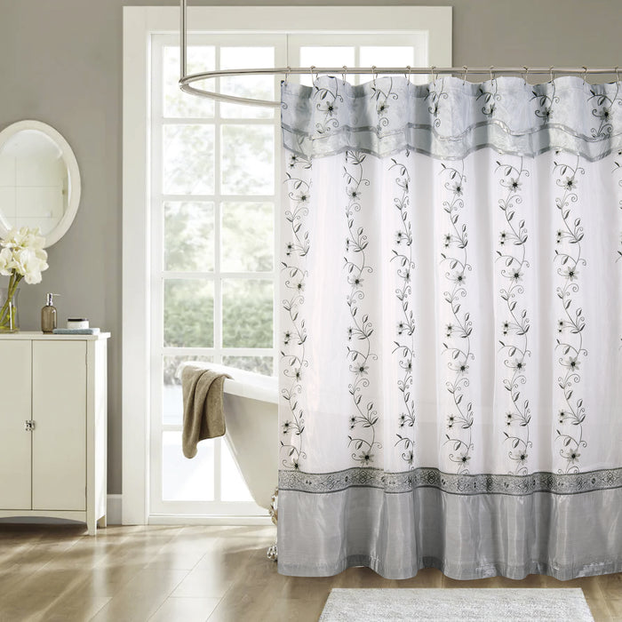 Priscilla Embroidered Shower Curtain 70'' x 72'' With Double Valance Silver - Silver