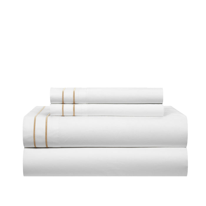 Chic Home Valencia Organic Cotton Sheet Set Solid White With Dual Stripe Embroidery - Includes 1 Flat, 1 Fitted Sheet, and 2 Pillowcases - 4 Piece - King 108x102, Gold - King