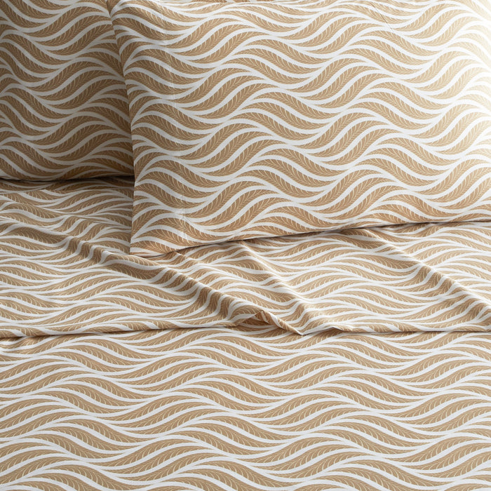 NY&C Home Kate 4 Piece Sheet Set Super Soft Two-Tone Geometric Leaf Pattern Print Design – Includes 1 Flat, 1 Fitted Sheet, and 2 Pillowcases, King, Taupe - King