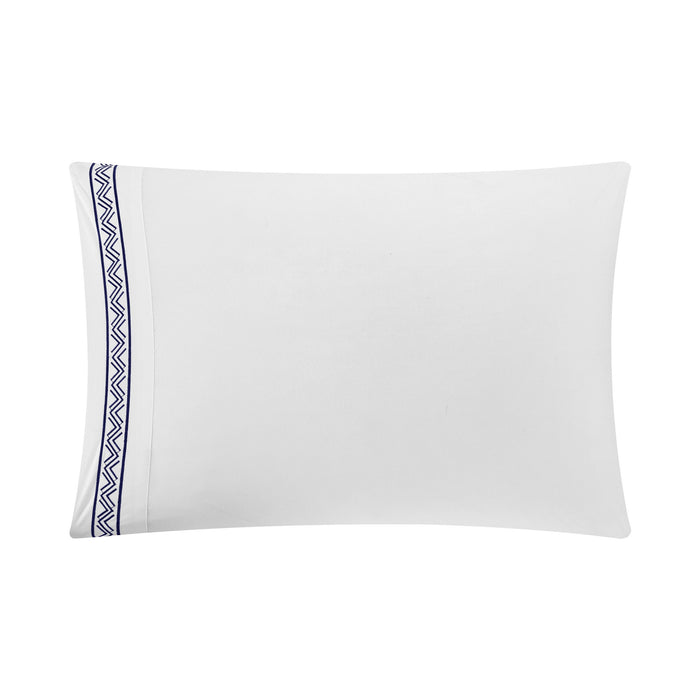 Chic Home Crete Cotton Comforter Set Solid White With Dual Stripe Embroidered Border Zig-Zag Details Hotel Collection Bedding - Includes Decorative Pillow Shams - 4 Piece - Queen 92x96, Navy - Queen
