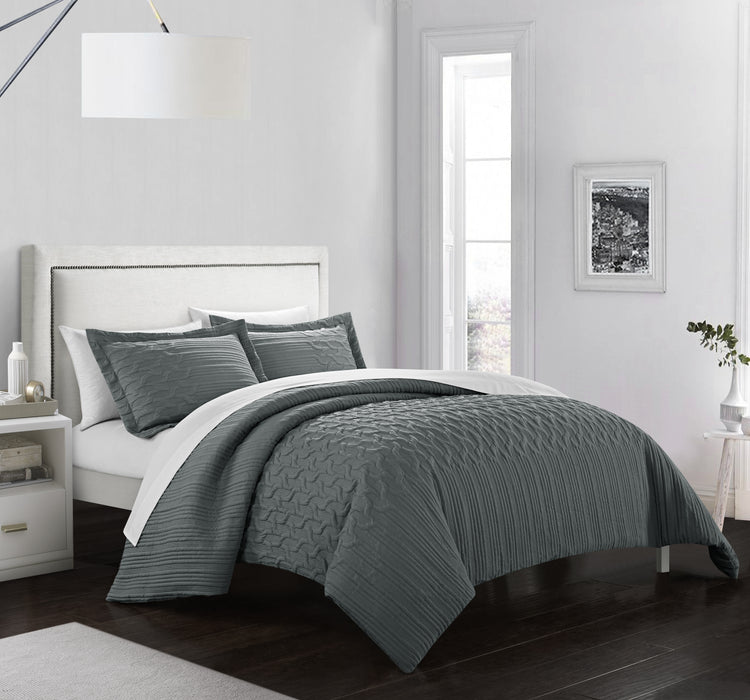 Chic Home Jazmine 3 Piece Comforter Set Embossed Embroidered Quilted Geometric Vine Pattern Bedding - Pillow Shams Included King Grey - King