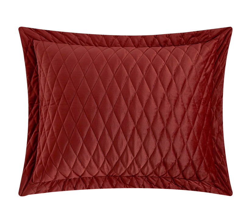 NY&C Home Wafa 7 Piece Velvet Quilt Set Diamond Stitched Pattern Bed In A Bag Bedding - Sheets Pillowcases Pillow Shams Included, Queen, Brick Red - Queen