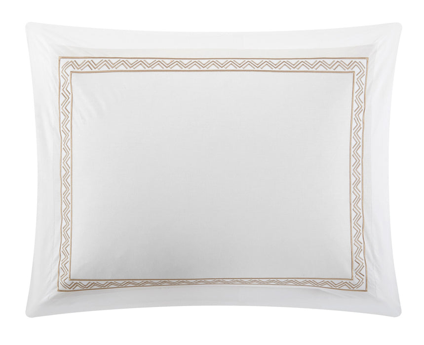 Chic Home Ella Cotton Duvet Cover Set Solid White Dual Stripe Embroidered Border Zig-Zag Details Hotel Collection Bedding - Includes Two Pillow Shams - 3 Piece - King 106x96, Beige - King