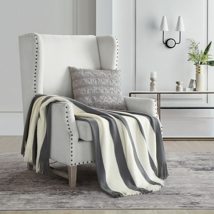 NY&C Home Lasko Faux Cashmere Throw Blanket Plush Super Soft Two Tone Striped Design With Tassel Fringe, 50” x 60”, Grey - Grey