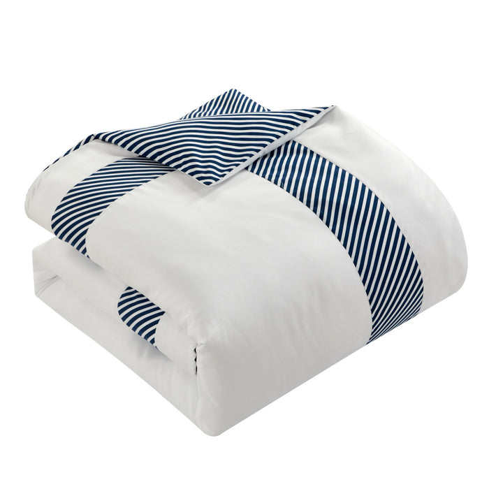 NY&C Home Gibson 7 Piece Comforter Set Striped Hotel Collection Design Bed In A Bag Bedding - Sheets Decorative Pillows Pillowcase Sham Included, Twin, Navy - Navy