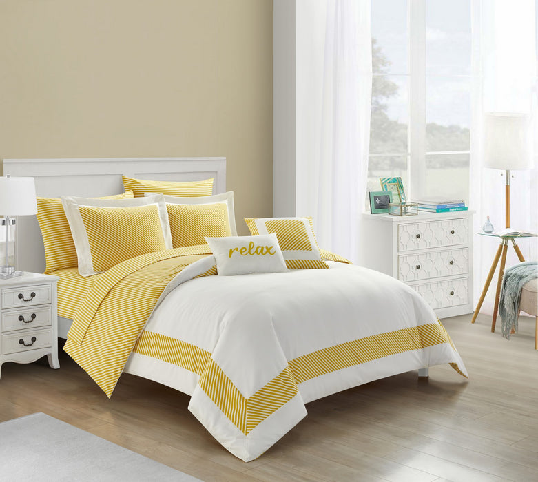 NY&C Home Gibson 9 Piece Comforter Set Striped Hotel Collection Design Bed In A Bag Bedding - Sheets Pillowcases Decorative Pillows Shams Included, Queen, Yellow - Queen