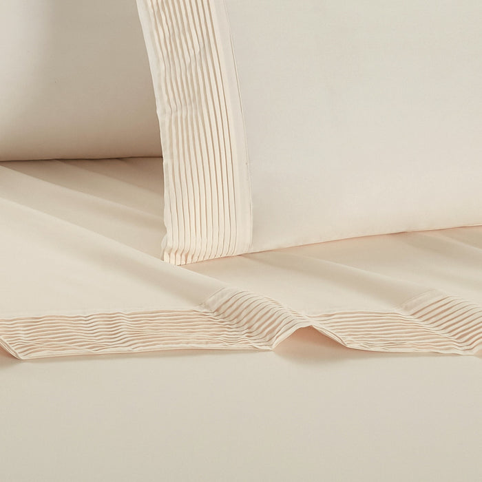 Chic Home Harley Sheet Set Solid Color With Pleated Details - Includes 1 Flat, 1 Fitted Sheet, and 2 Pillowcases - 4 Piece - Queen 90x102", Beige - Beige