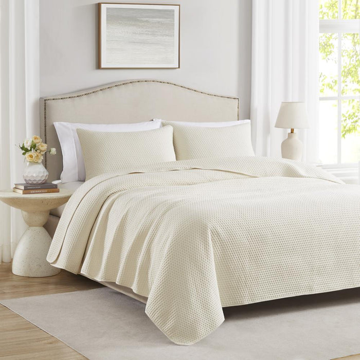 RT Designers Collection Caitlyn 3 Pieces Washed Pinsonic Lightweight Quilts Set Queen Size For Bedding Ivory