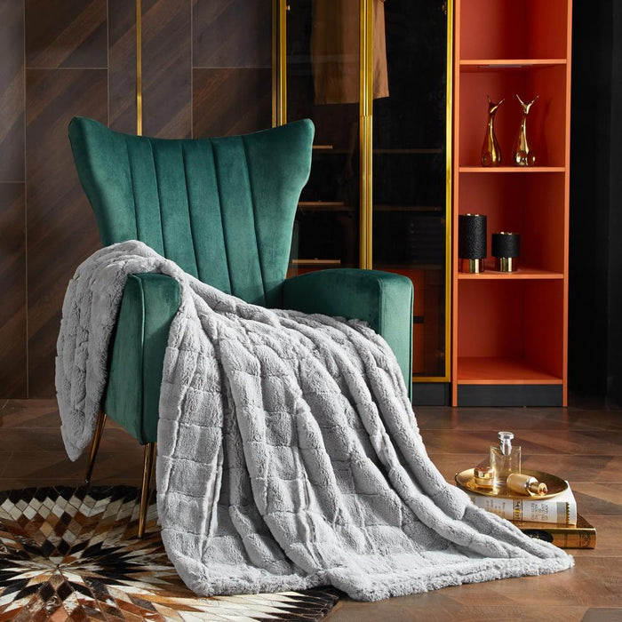 Chic Home Liana Throw Blanket Jacquard Faux Rabbit Fur Micromink Backing Design - 50x60", Grey