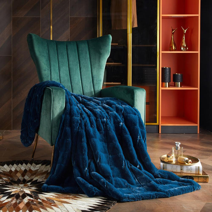 Chic Home Liana Throw Blanket Jacquard Faux Rabbit Fur Micromink Backing Design - 50x60", Blue
