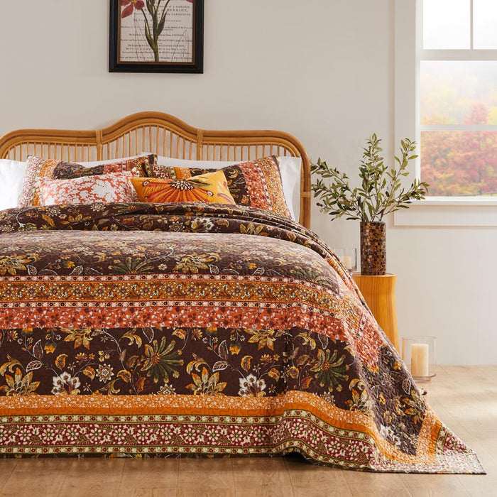 Barefoot Bungalow Audrey Chic Boho Jacobean Fern Floral Prints Bedspread Set 3-Piece Two Pillow Shams Chocolate
