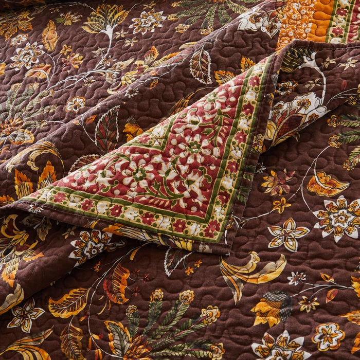 Barefoot Bungalow Audrey Chic Boho Jacobean Fern Floral Prints Bedspread Set 3-Piece Two Pillow Shams Chocolate