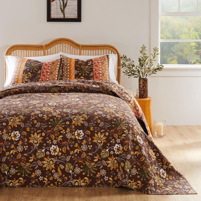 Barefoot Bungalow Audrey Chic Boho Jacobean Fern Floral Prints Bedspread Set 3-Piece Two Pillow Shams Chocolate