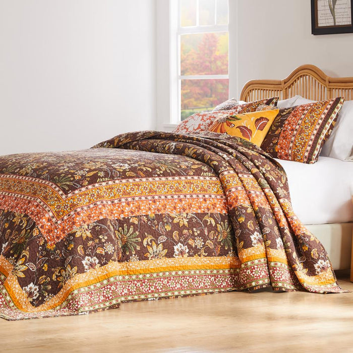 Barefoot Bungalow Audrey Chic Boho Jacobean Fern Floral Prints Bedspread Set 3-Piece Two Pillow Shams Chocolate