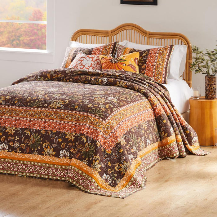 Barefoot Bungalow Audrey Chic Boho Jacobean Fern Floral Prints Bedspread Set 3-Piece Two Pillow Shams Chocolate