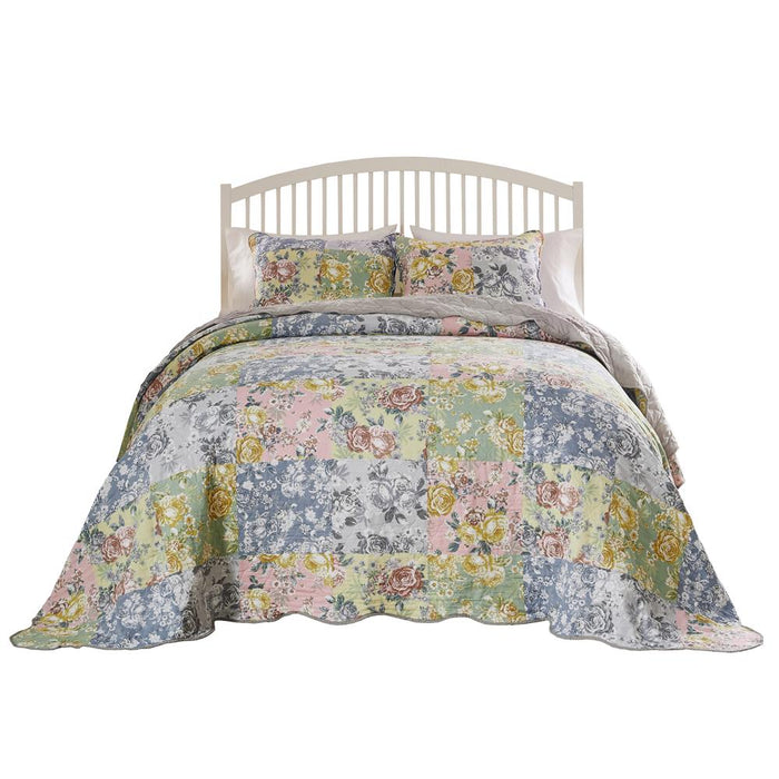 Greenland Home Fashions Emma Patchwork 100% Cotton with Scalloped Borders Bedspread Set 3-Piece Gray