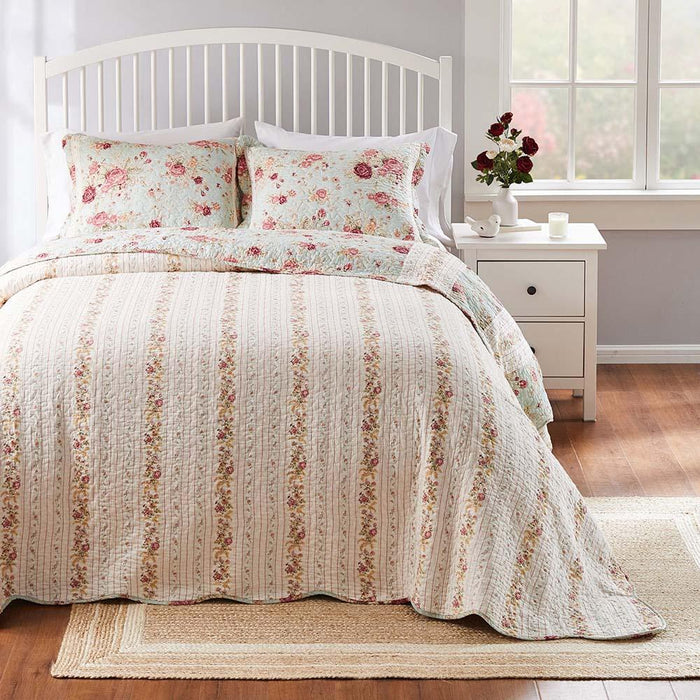 Greenland Home Antique Rose Bright Florals and Whimsical Songbirds Bedspread Set Blue