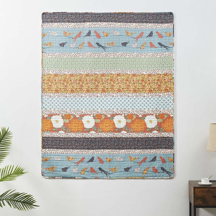 Barefoot Bungalow Carlie Eclectic Blend of Dreamy Patterns Florals and Whimsical Songbirds Throw 50"x60" Calico Stripe
