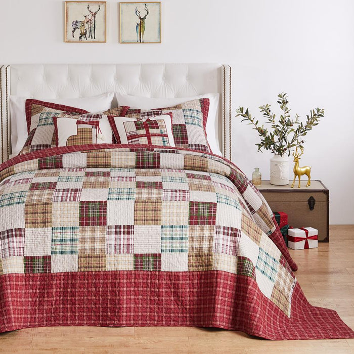 Greenland Home Fashions Oxford Plaid 100% Cotton Jumbo-Sized for Floor-Length Coverage Bedspread Set Red