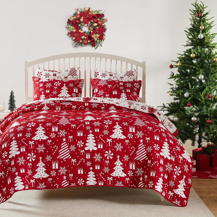 Greenland Home Fashions Peppermint Party Jacquard Woven Festive Christmas Pattern Durable Polyester Coverlet Set Red