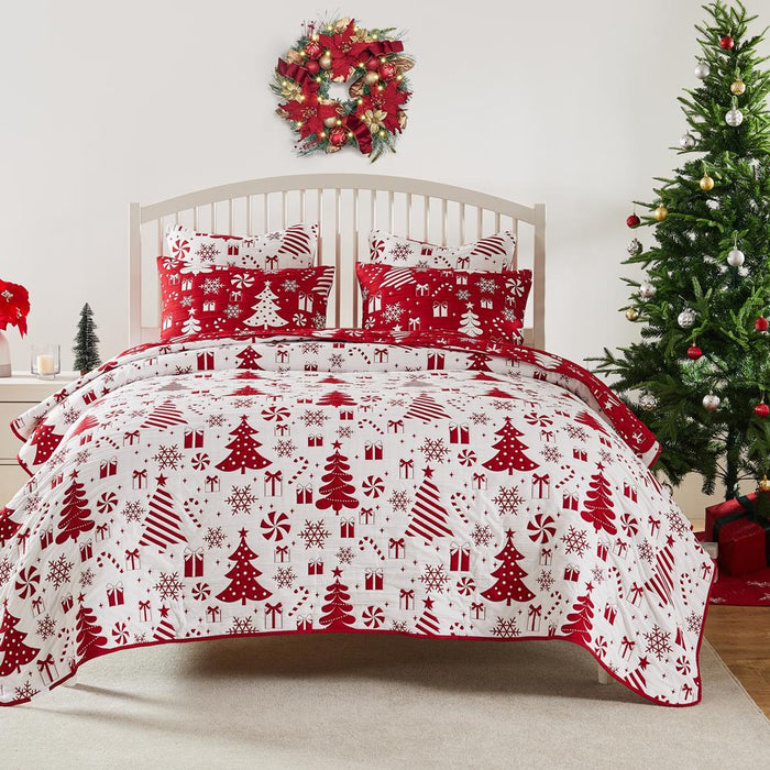 Greenland Home Fashions Peppermint Party Jacquard Woven Festive Christmas Pattern Durable Polyester Coverlet Set Red