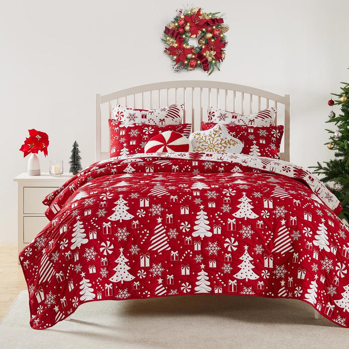 Greenland Home Fashions Peppermint Party Jacquard Woven Festive Christmas Pattern Durable Polyester Coverlet Set Red