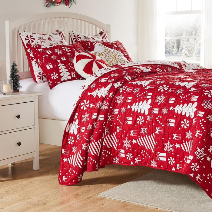 Greenland Home Fashions Peppermint Party Jacquard Woven Festive Christmas Pattern Durable Polyester Coverlet Set Red