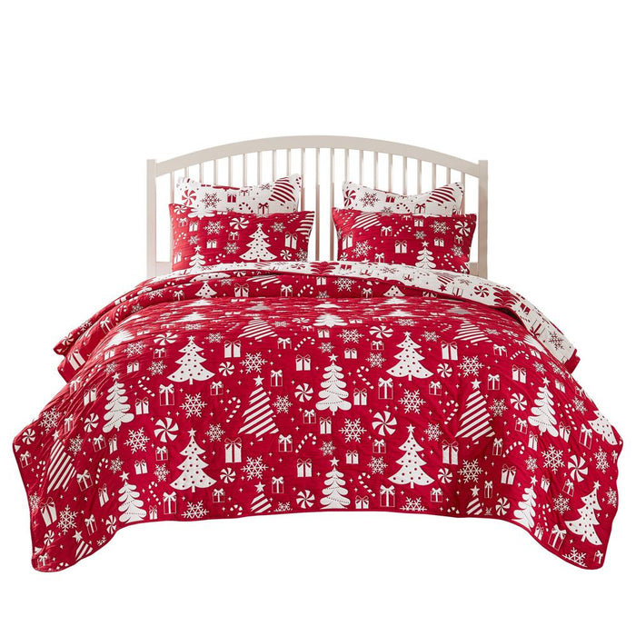 Greenland Home Fashions Peppermint Party Jacquard Woven Festive Christmas Pattern Durable Polyester Coverlet Set Red