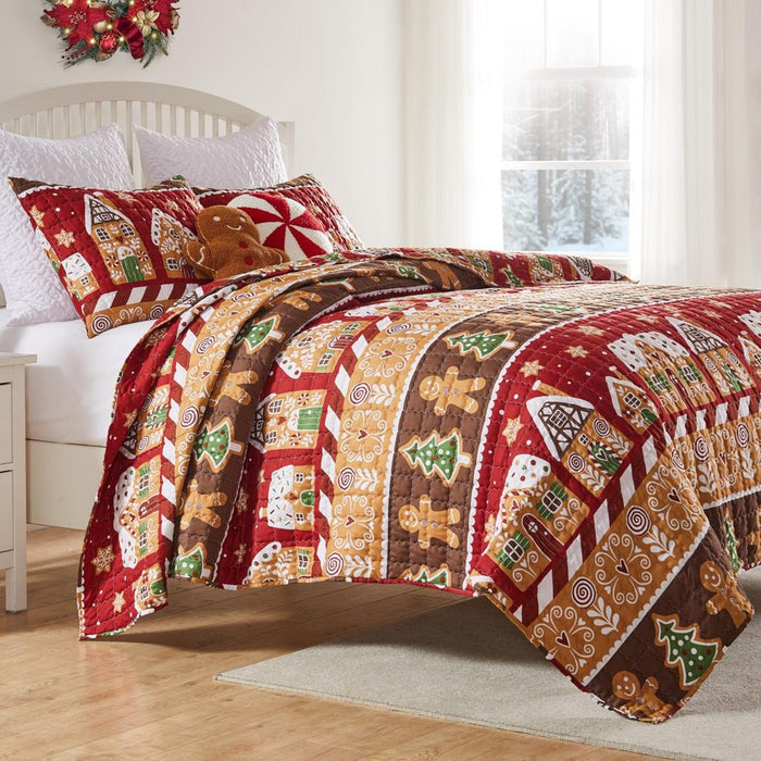 Greenland Home Fashions Gingerbread Lane Luxurious Modern Design Quilt Set Red