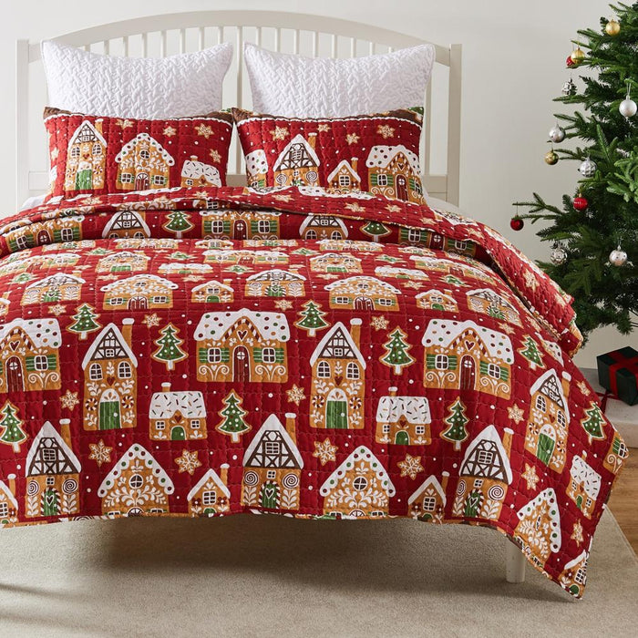 Greenland Home Fashions Gingerbread Lane Luxurious Modern Design Quilt Set Red