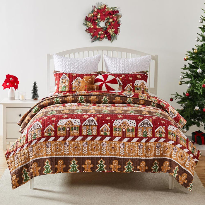 Greenland Home Fashions Gingerbread Lane Luxurious Modern Design Quilt Set Red