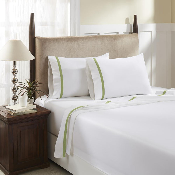 Hotel Concepts 500 Thread Count Deep Pocket Tonal Cotton Sateen Sheet - 4 Piece Set - White/Celadon