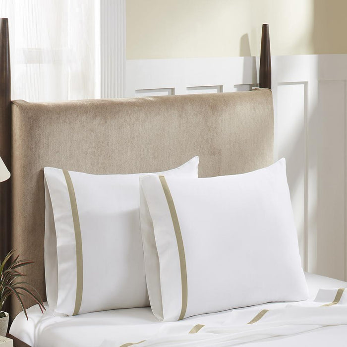 Hotel Concepts 500 Thread Count Deep Pocket Tonal Cotton Sateen Sheet - 4 Piece Set - White/Tan
