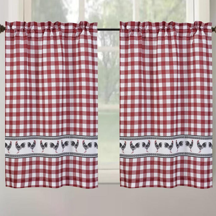 RT Designer's Collection Tribeca Rooster Printed Slub 3 Pieces Kitchen Curtain Set Includes 1 Valance 52" x 18" and 2 Tiers 26" x 36" Each Multi Color