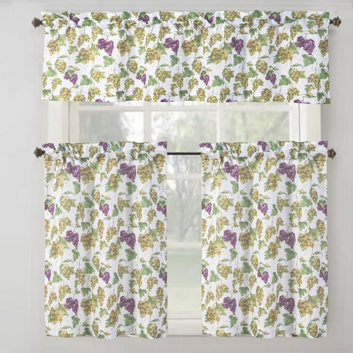 RT Designer's Collection Tribeca Grapes Printed Slub 3 Pieces Kitchen Curtain Includes 1 Valance 52" x 18" and 2 Tiers 26" x 36" Each Multi Color