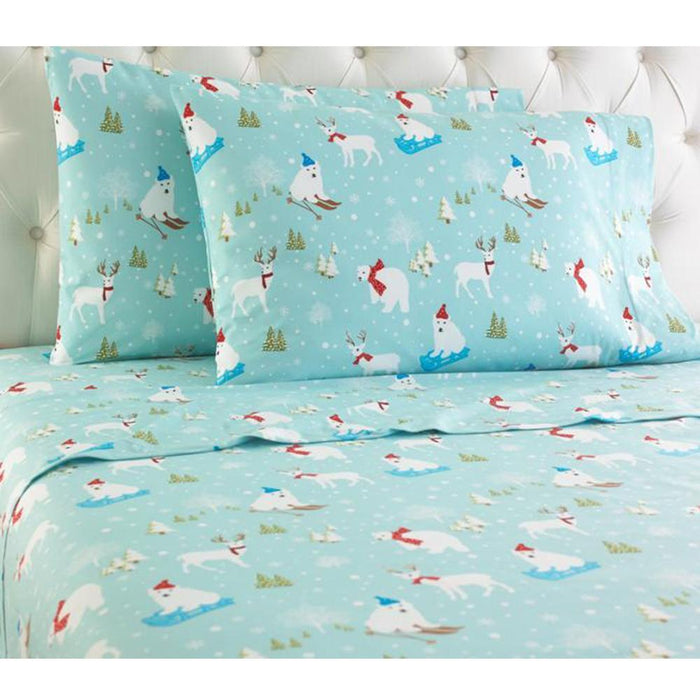 Shavel Micro Flannel Quality Printed Sheet Set - Twin Flat/Fitted Sheet 66x96/75x39x14" Pillowcase 21x32" - Fun in the Snow.