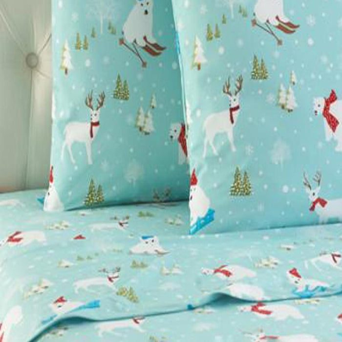 Shavel Micro Flannel Quality Printed Sheet Set - Twin Flat/Fitted Sheet 66x96/75x39x14" Pillowcase 21x32" - Fun in the Snow.