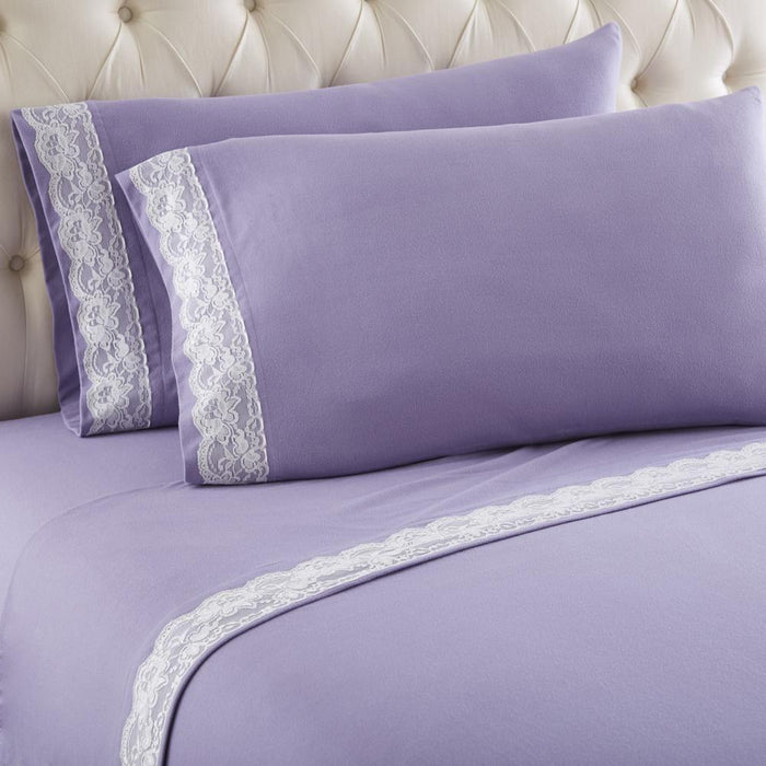 Shavel Micro Flannel Lace-Edged Sheet Set - Cal King Flat/Fitted Sheet 108x110/84x72x18" 2-Pillowcase 21x40" - Amethyst.