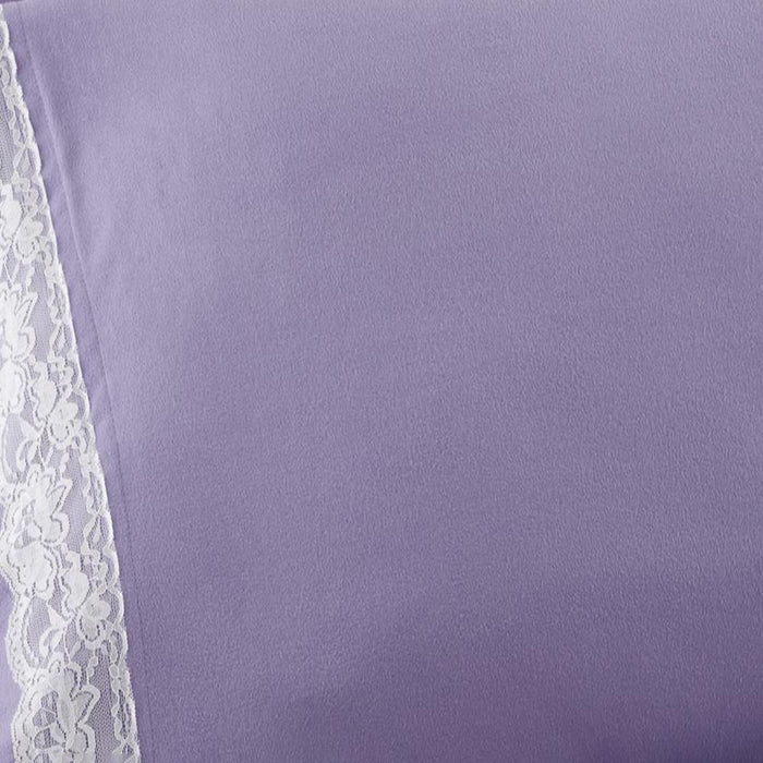 Shavel Micro Flannel Lace-Edged Sheet Set - Cal King Flat/Fitted Sheet 108x110/84x72x18" 2-Pillowcase 21x40" - Amethyst.