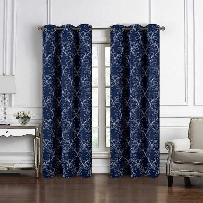 RT Designer Collection Kimber Embroidered Blackout Luxurious Decorative Grommet Curtain Panel Navy