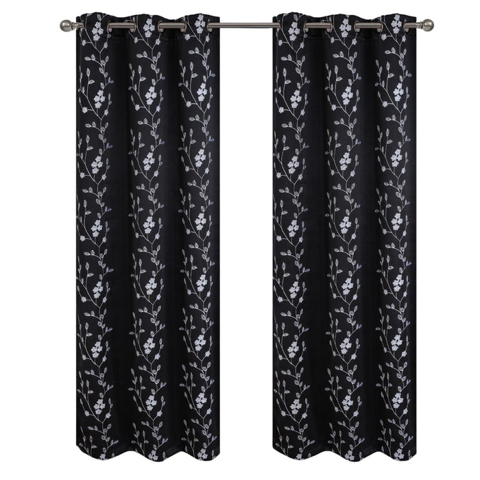 RT Designer Collection Lilian Embroidered Blackout Luxurious Decorative Grommet Curtain Panel Black