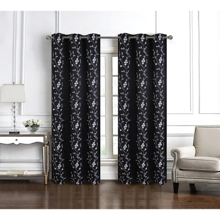 RT Designer Collection Lilian Embroidered Blackout Luxurious Decorative Grommet Curtain Panel Black