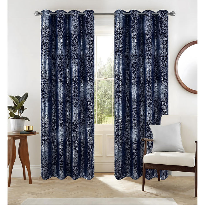 RT Designer Collection Helena Halo Foil Blackout Luxurious Decorative Grommet Curtain Panel 54" x 90" Navy