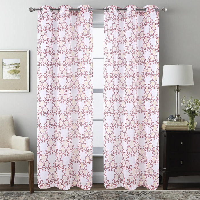 RT Designers Collection Crown Grommet Sheer Metallic Printed Doily Curtain Panel Burgundy
