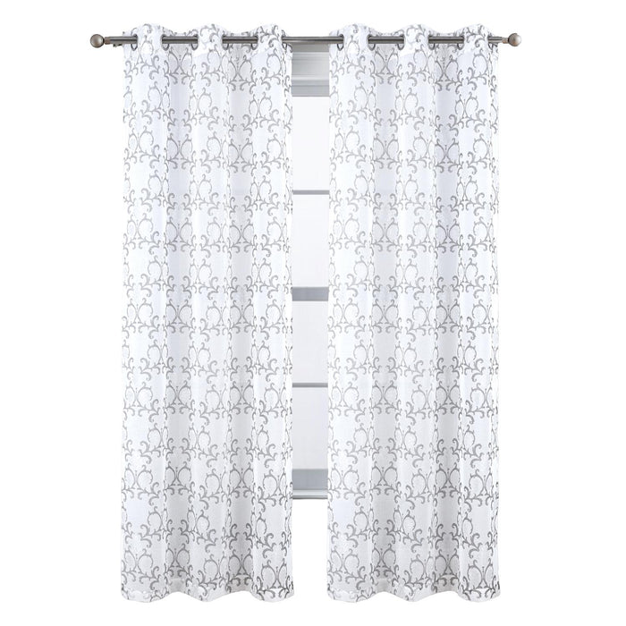 RT Designers Collection Crown Grommet Sheer Metallic Printed Doily Curtain Panel Silver