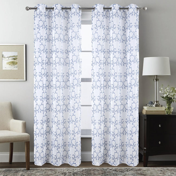 RT Designers Collection Crown Grommet Sheer Metallic Printed Doily Curtain Panel Blue