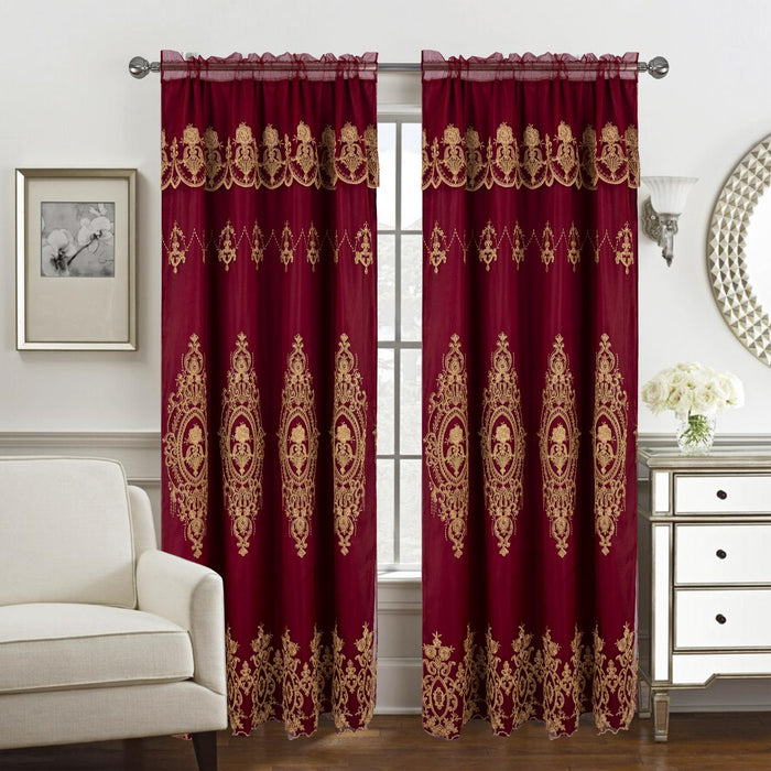 RT Designers Collection Daisy Embroidery Grommet Curtain Panel With Attached Valance 54" x 84" Brgundy/Gold
