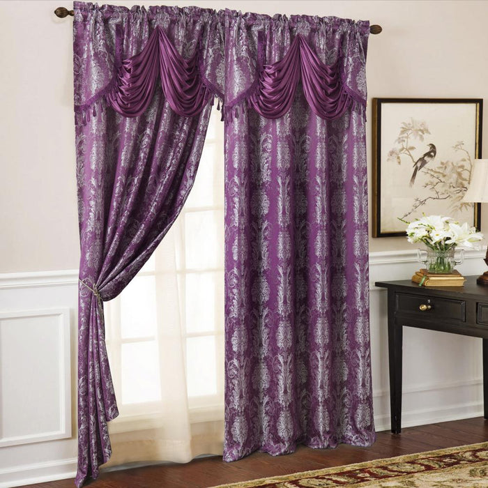 Olivia Gray Gloria Floral/Damask Textured Jacquard 54 x 84 in. Single Rod Pocket Curtain Panel w/ Attached 18 in. Valance in Lilac